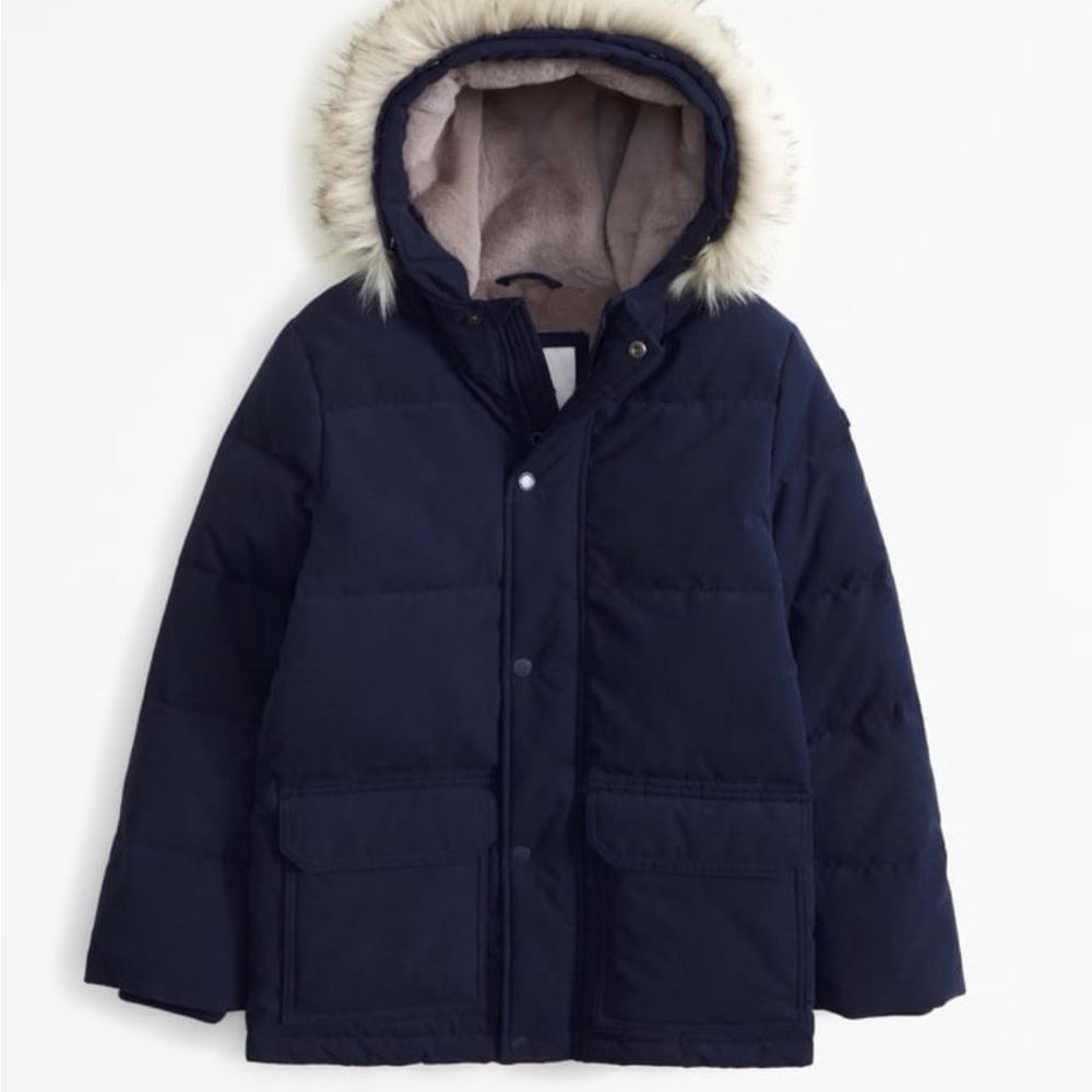 Navy Kids' Hooded Jacket with Faux Fur Trim